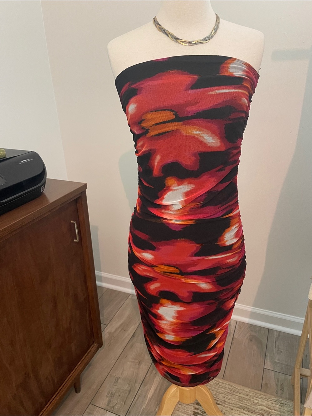 See You Monday Strapless Abstract Red, Black & Orange Midi Dress